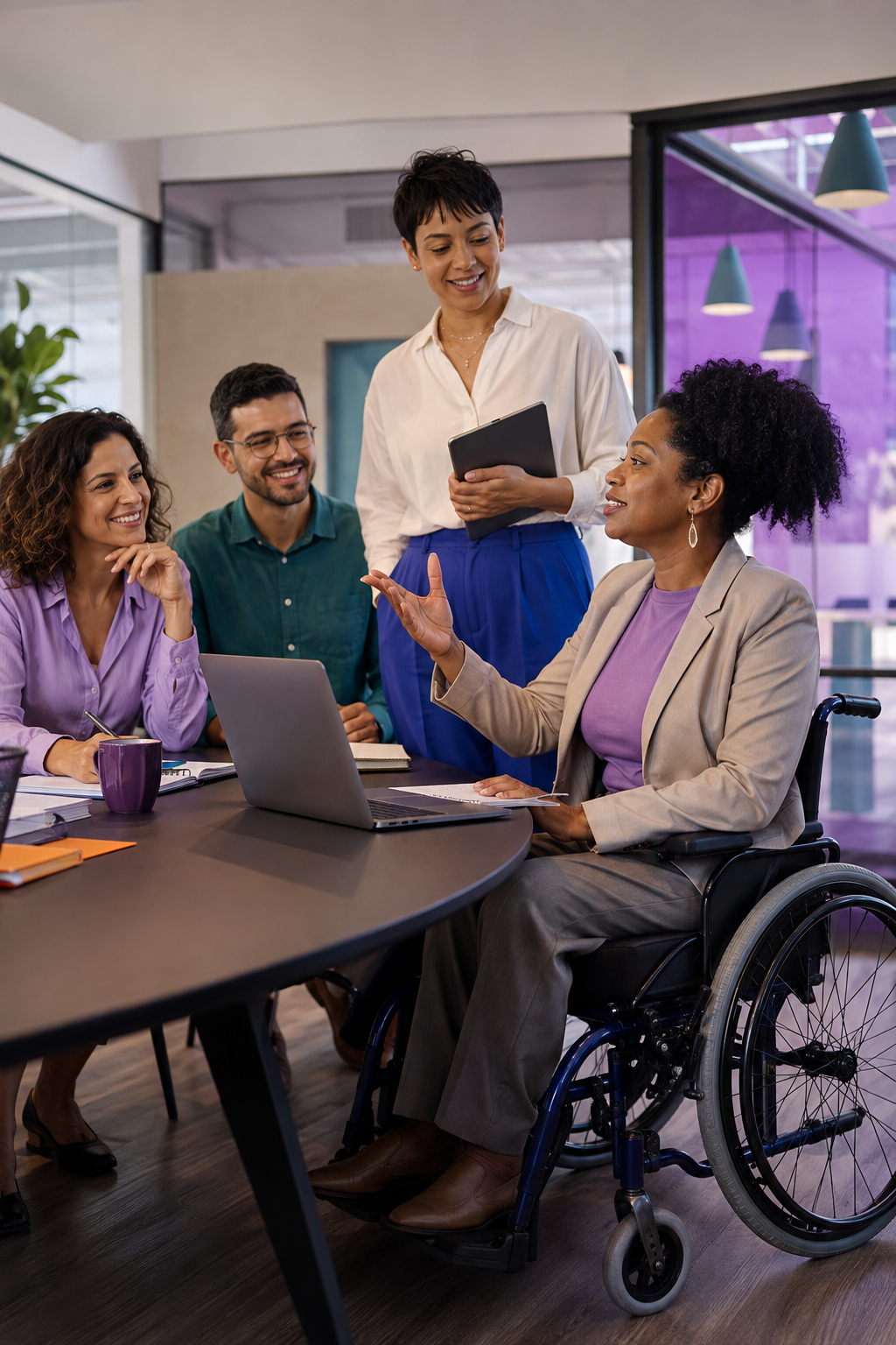 Equipe diversa reunida em um ambiente de trabalho, com uma profissional com deficiência participando ativamente da conversa.