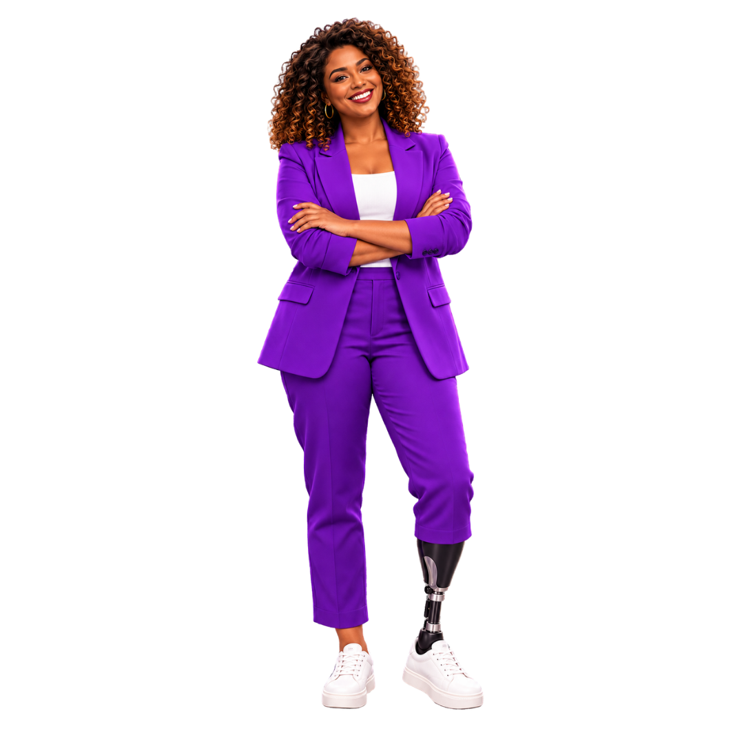 Lia, personagem institucional da Rota Plural, mulher negra com prótese em um dos membros inferiores.