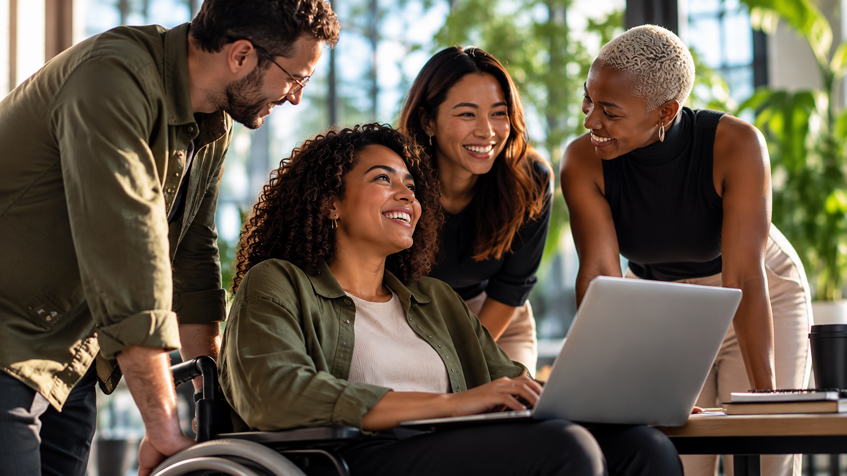 Equipe diversa colaborando em ambiente profissional inclusivo e acessível