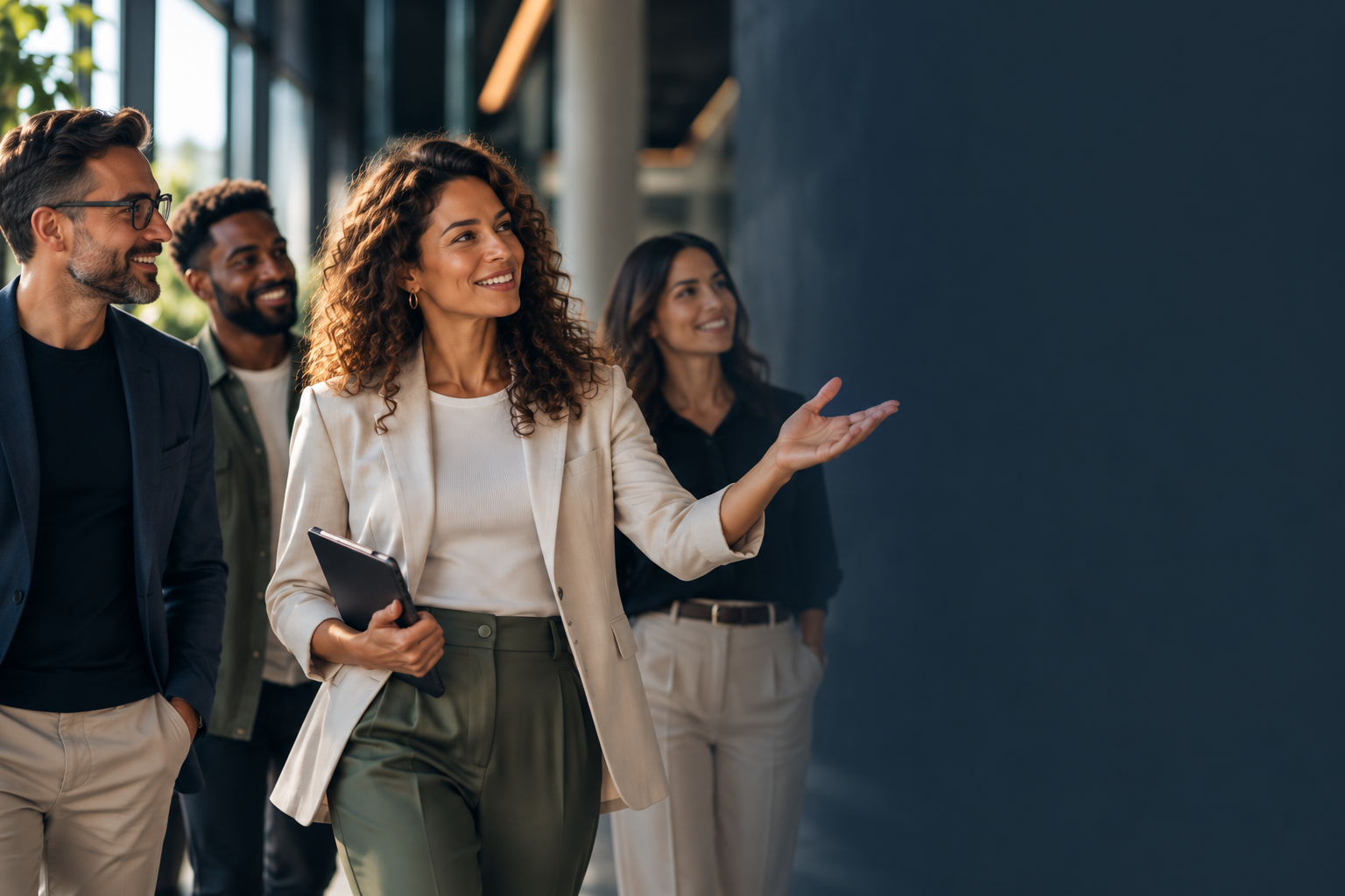 Equipe diversa em um ambiente corporativo, direcionando o olhar e a interação para uma conversa sobre desenvolvimento e transformação